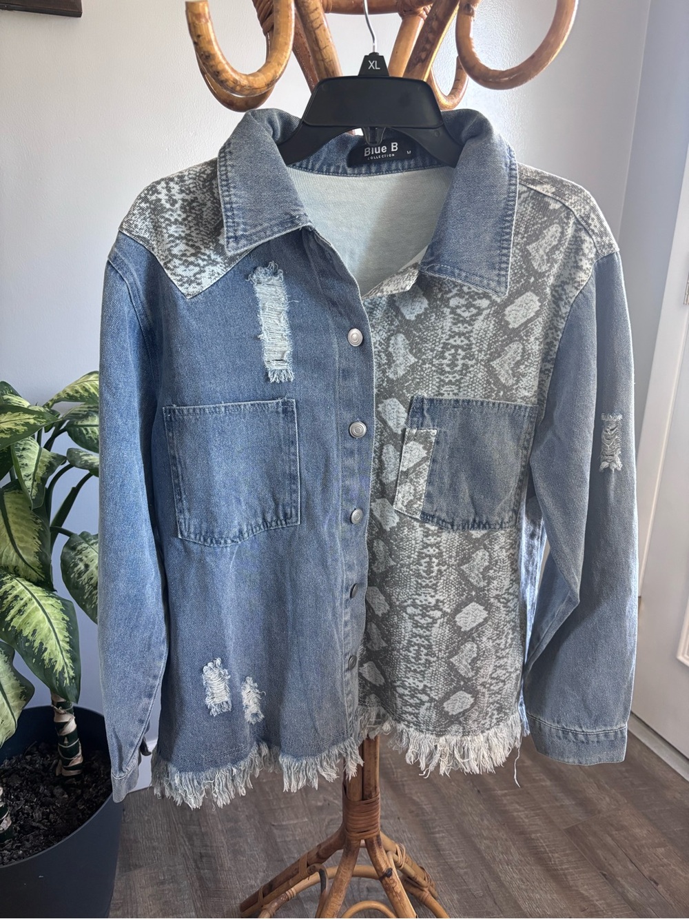 Blue B Women's Blue Distressed Patchwork Denim Jacket